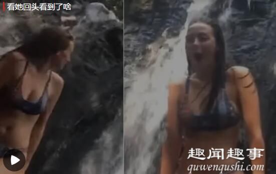一身穿比基尼的从上冲下美女坐岩石上摆好姿势拍视频,不料回头一看,一名男子从上方瀑布被冲下