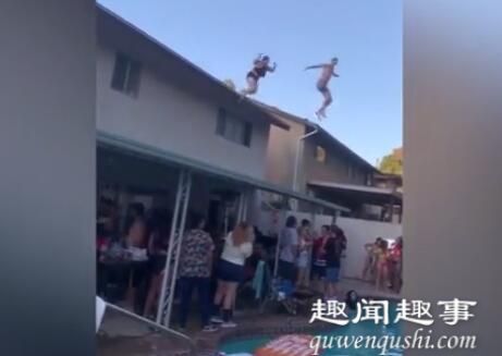 一名泳装女子站在屋顶,准备向泳池飞跃跳水,结果伴随着一声巨响当场悲剧了